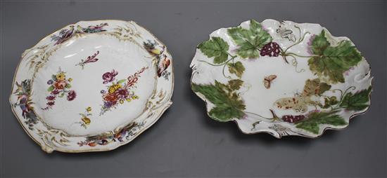 A Chelsea red anchor period vine leaf moulded dish, c.1755 and a Chelsea gold anchor bird and flower painted octagonal plate, c.1765, 2